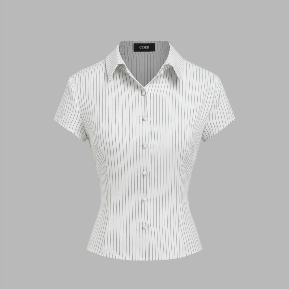 Cider White Short Sleeve Pin stripe  Button-Up Top